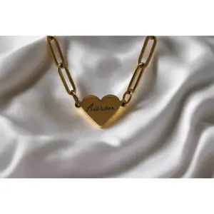 Personalized Heart Paperclip Necklace - Gold 18K PVD Coated Stainless Steel Adjustable Length 18" Chain with 2" Extender Custom Engraving Gift for Her