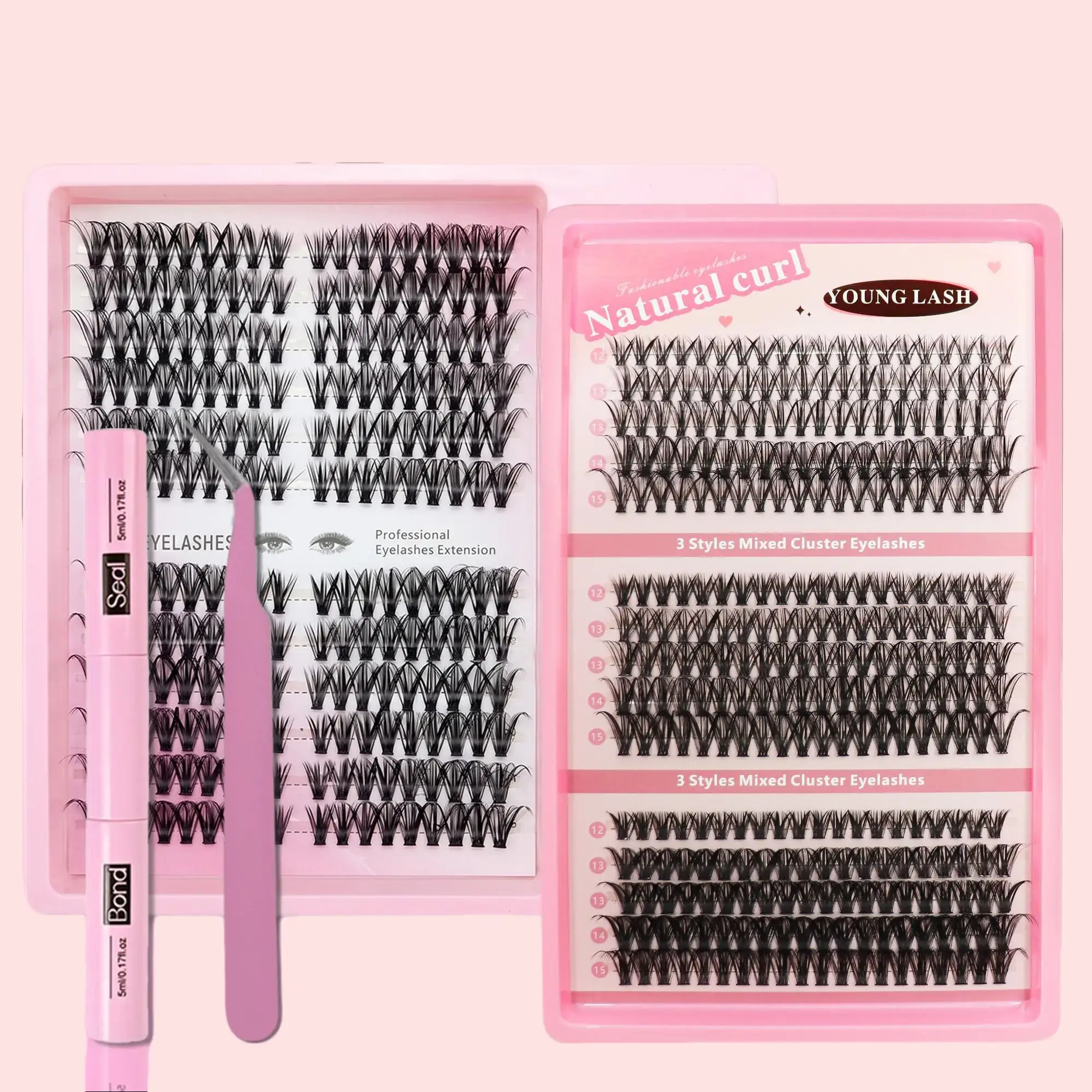 B  Cluster Lash Extension Kit 30D 40D 50D Mixed Individual Eyelashes Natural Curl DIY Self Lashes With 2IN1 Lash Bond Seal & Professional Tweezers Fluffy Wispy Lash Set For Daily Makeup