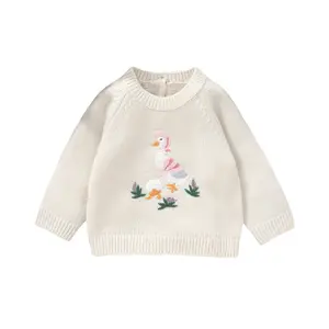 Toddler Baby Girl Fall Winter Sweater Duck Embroidery Round Neck Long Sleeve Warm Tops Knitwear Infant Girl Knit Pullover Jumper