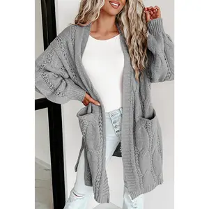 Red Ribbed Trim Hollow Knit Side Slits Cardigan