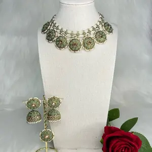 Gorgeous Floral Design Pearls Work Necklace with Jhumkas and Tikka Set - Elegant Jewelry for Women high quality