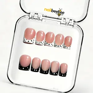 (C038) 10PCS Short Square Acrylic Press On Nails, Reversible French Tip Fake Nails with Polka Dots, Reusable Glue On Nails for Women Girls