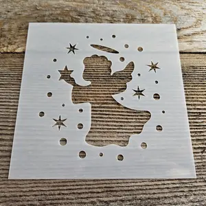 Angel Stencil Reusable Cookie Decorating Craft Painting Windows Signs Mylar Christmas Halo Stars Dots Angel Holding Star 5.5"