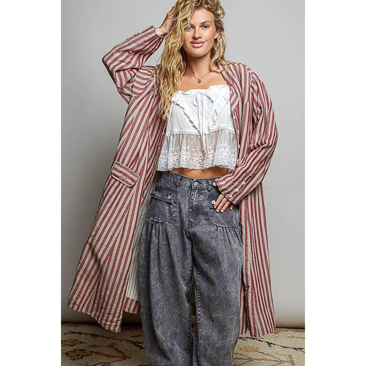 Easy Breezy Long Sleeve Crafted Long Striped Cotton Coat