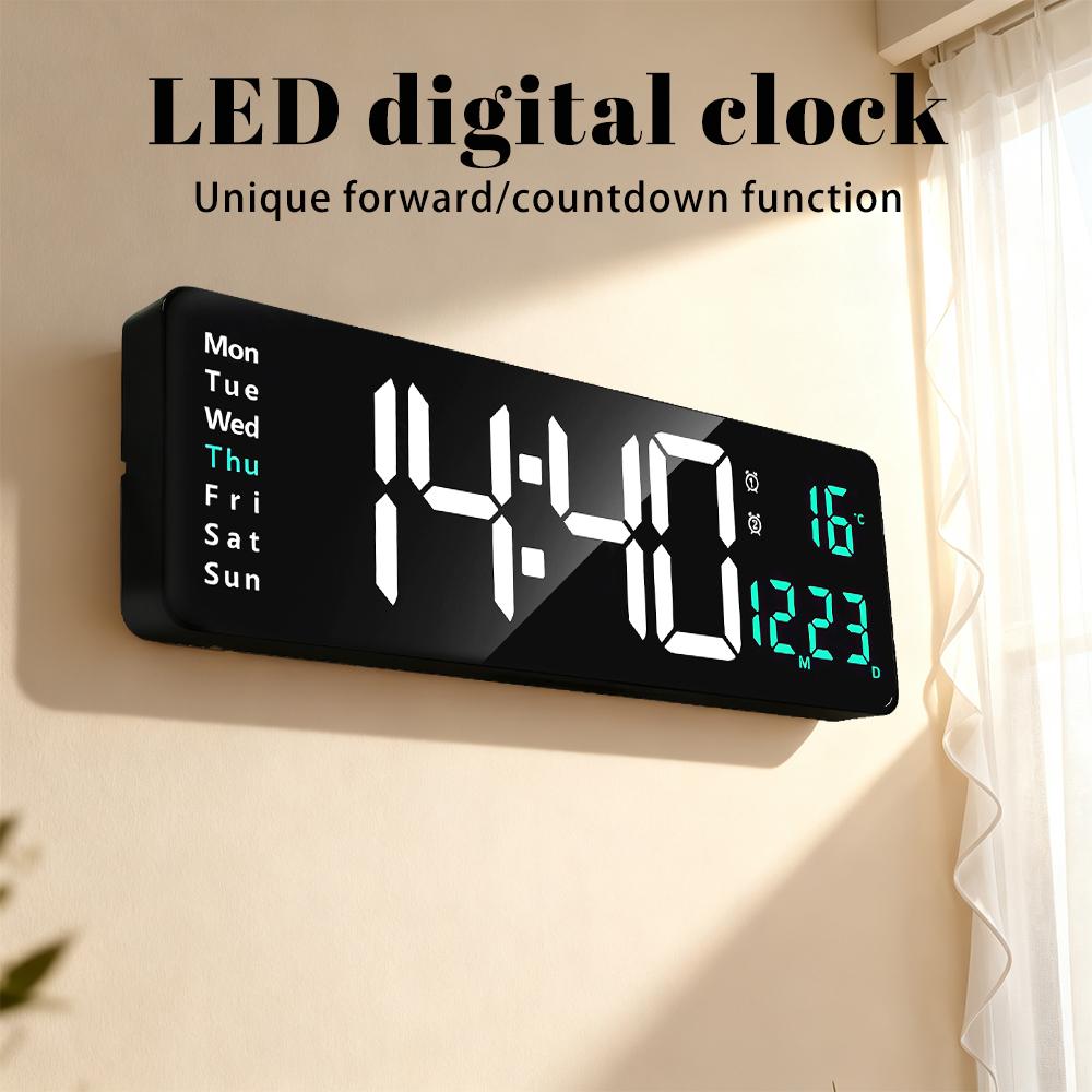 Digital Wall Clock, 13" Large Display Digital Clock with Remote Control, Auto-Dimming Wall Clock with Night Light, DST, Date Week,Temp for Living Room, Bedroom, Decor