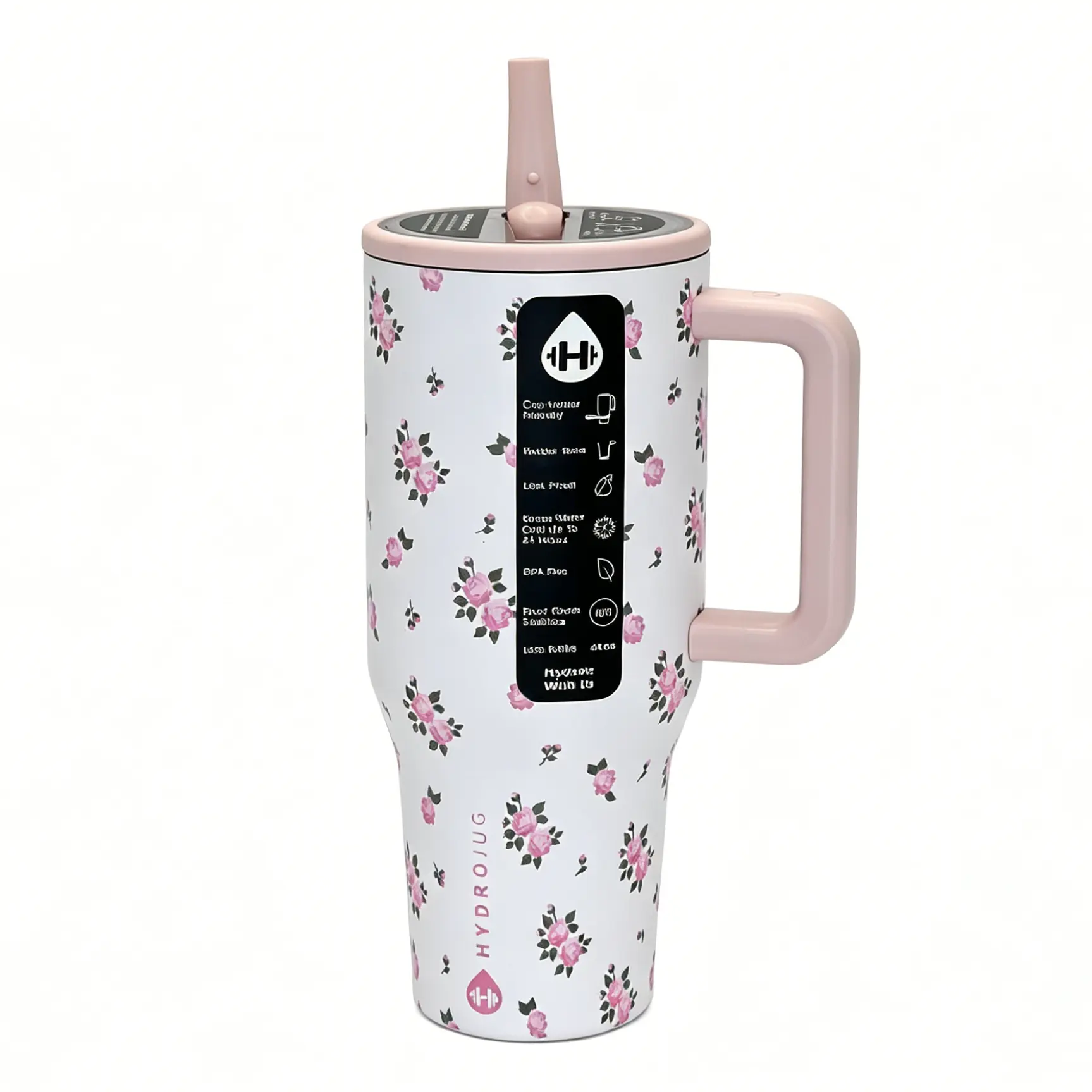 HydroJug 40oz Stainless Steel Sports Tumbler with Pink Cherry Blossom Print, Ergonomic Handle, Cup Holder Friendly, BPA-Free. Ideal for sports, gym workouts, outdoor activities, travel and all daily scenarios.