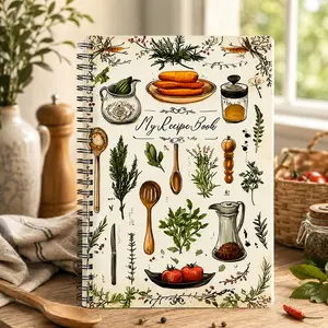 Beige Brown Spiral Bound Recipe Book, 5.5x8.3 Inch 104Pages Cooking Journal, Chef Diary Notebook, Ideal Gift for Home & Professional Cooks