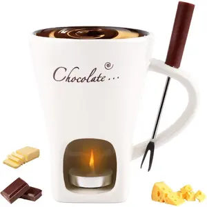 Chocolate Fondue Mug with Fork, Sweet Melting Cup with Tealights for Chocolate Cheese & Desserts Ceramic Fondue Pot Set Ideal Gift for Date Nights Birthdays Anniversary Weddings (White)