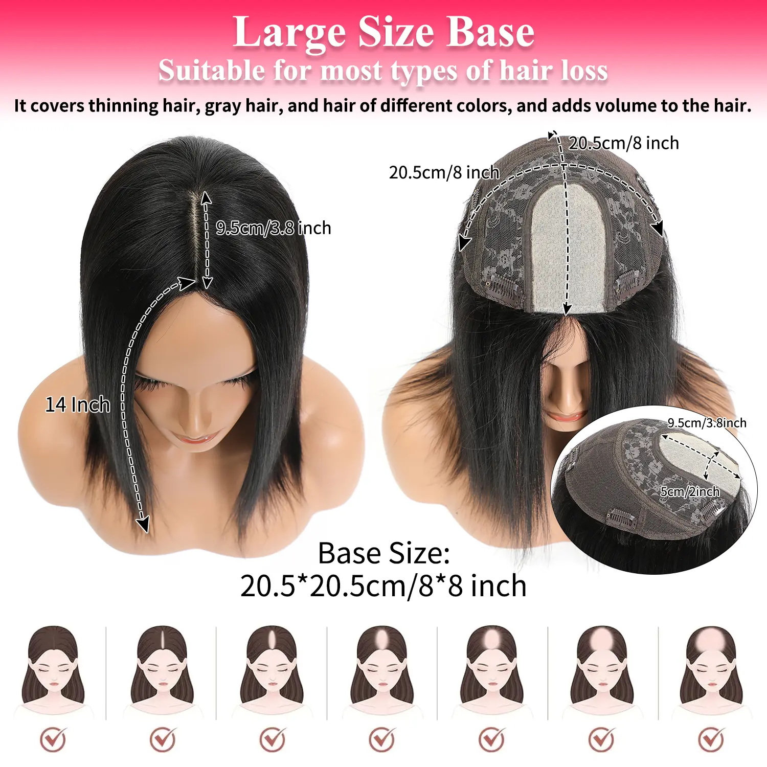 Real Human Hair Topper for Thinning Hair, 14 Inch Silk Base with Clips VASILIA Human Hair Toppers for Women 14inch Real Human Hair  main image 3
