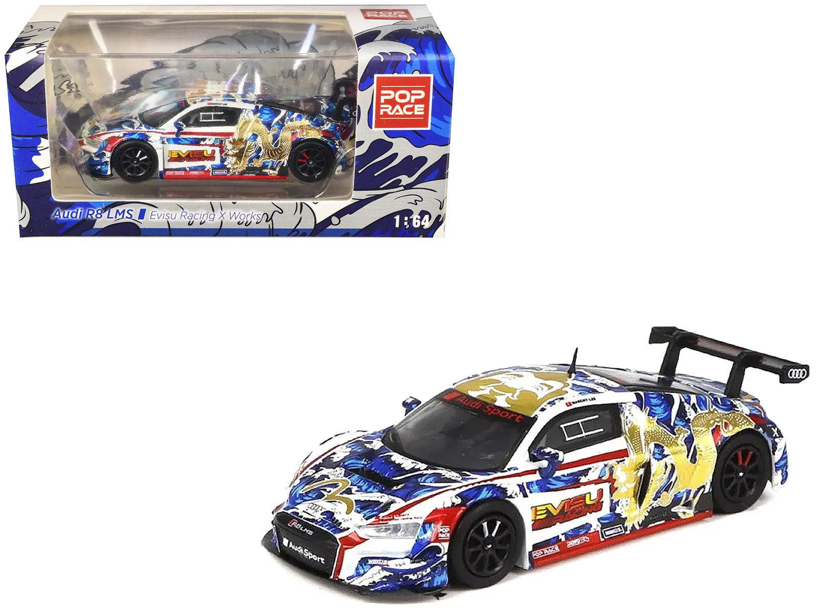 Audi R8 LMS "Evisu Racing X Works" White with Graphics 1/64 Die Cast Model Car by Pop Race