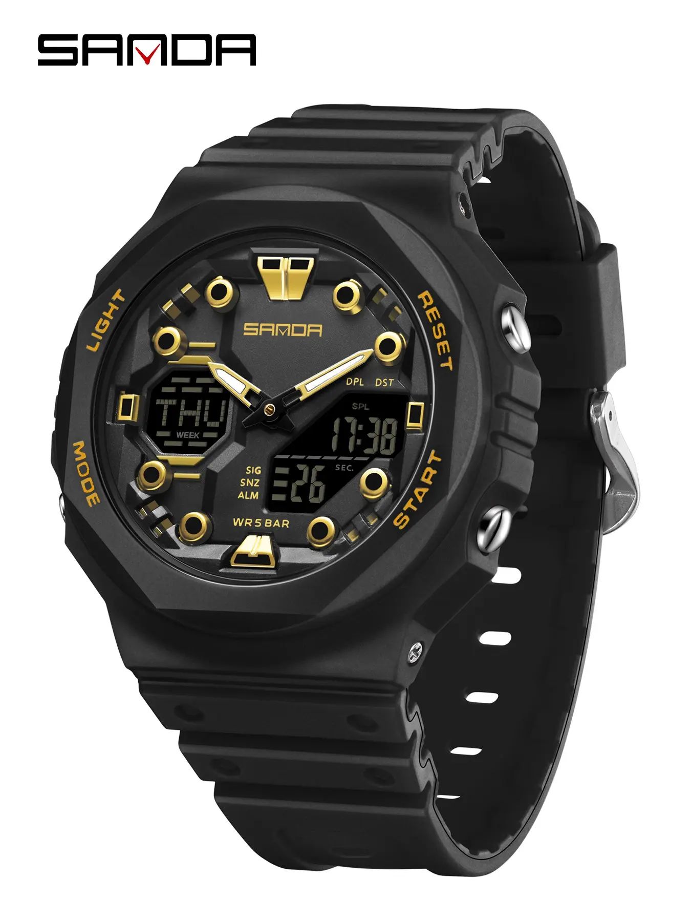 Sanda Dual Display Digital Watch, Multifunctional World Time, Waterproof, Dst Countdown, 4 Alarms, Hourly Chime, Stopwatch, Week Date