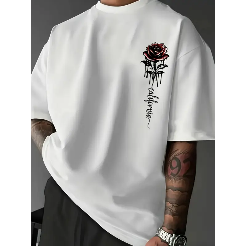 Men's Combed Cotton T-Shirt with Tropical Graphic, Oversized Boxy Streetwear Fit, Breathable Lightweight Short Sleeve, USA Made