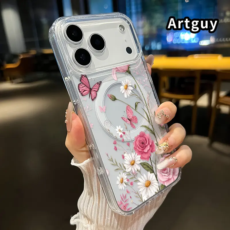 Magnetic Phone case for iPhone 17 16  Pro Max Plus 15 14 13 12 11 Air E Floral Butterfly Reverie Pattern Non-Yellowing Shockproof Soft Silicone Transparent Acrylic Large Hole Cover Supports Wireless Charging