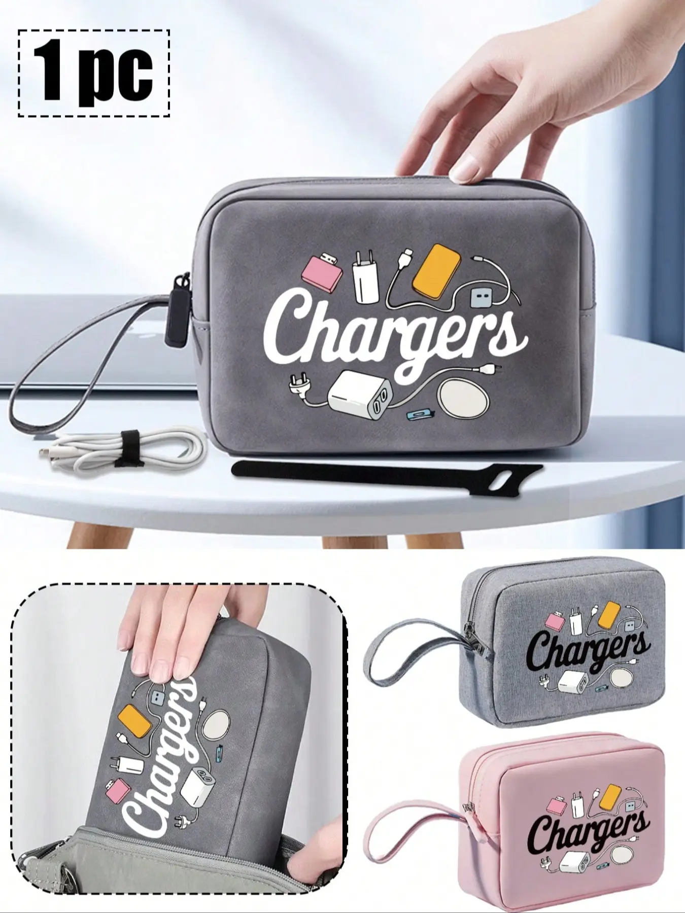 Electronic Products Travel Bag with Data Line and Power Bank Pattern, Multi-Layer Zippered Digital Storage Bag, Portable Electronic Accessories Organizer, Durable Pouch, Zipper Pouches, Travel Accessory