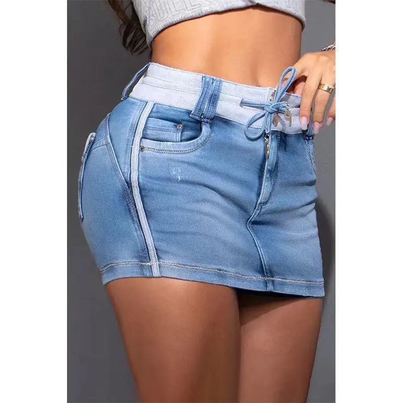 Skort for Women Drawstring Adjustable Waist Casual Denim Skirt Skort Jean Mini Skirt Shorts Daily Wear Blue Denim Dress