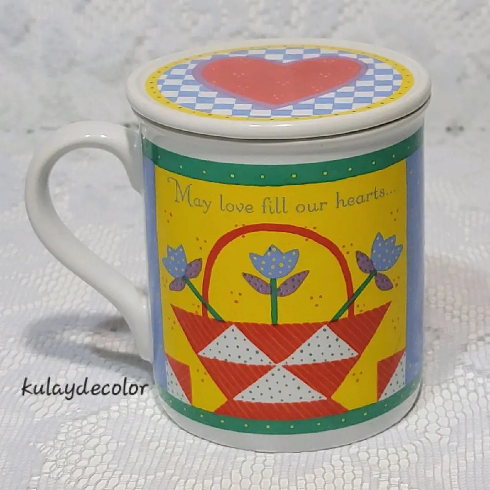 Vintage Hallmark Ceramic Mug Heart Lid Flower Patchwork Quilt Design Coffee Cup Collectible Mug Gift Ideas