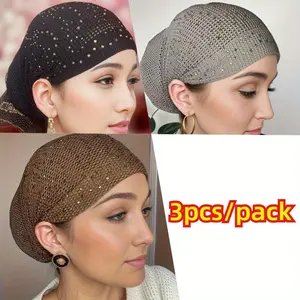3Pieces in mixed colors Women Under Hijab Cap Islamic Underscarf Turbans for Women Solid Color rhinestone Hijab Bonnet Caps Muslim Cap