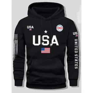 USA flag print hoodie men's fleece sweatshirt, United States letter print unisex casual knit fabric pullover for students and couples fashion hoodie for autumn and winter, 2026 spring pullover hooded sports hoodie