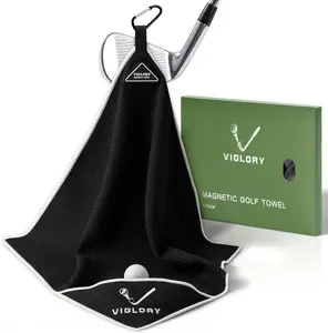 Magnetic Golf Towel 18"x18" – Microfiber Waffle Towel with Clip & Cleaning Pocket, Ultra Absorbent Club & Ball Cleaner (Black)