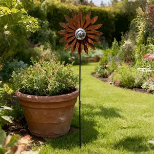 1 Rusty Flower Pointed Stake with Stainless Steel Ball Outdoor Garden Stake - Flower Statue, Garden Sculptures Statues, 3D Outdoor Decorative Art, Festive Style Metal Decor, Garden Stake Decor for Outdoor Patio Vintage Decor