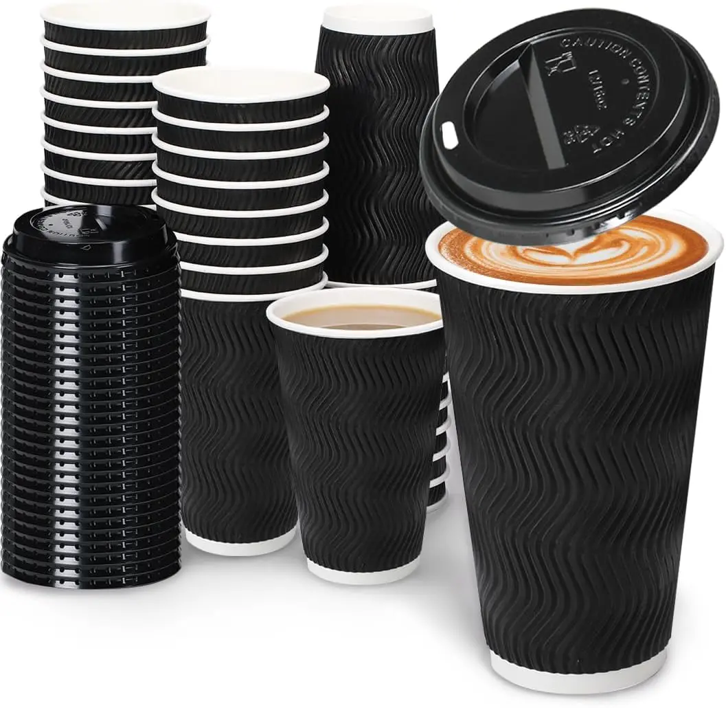 Daily Life 16oz Insulated Ripple Coffee Cups with Lids 100 Pack Disposable for Water Juice Coffee Perfect for Home Office Events