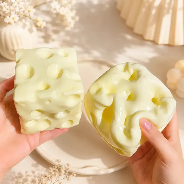 Cheese Cube Squishy Toy, Yellow & Pink Soft Moldable Squeeze Stress Ball, 6cm/7cm Petroleum Jelly Filled ASMR Fidget Toy for Anxiety Relief