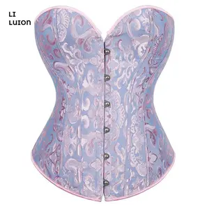 Women Floral Bustier Corset Top Back Lacing-up Boned Curved Hemline Waist Cincher Overbust Bustiers