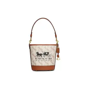 COACH Dakotah 16 Letter Carriage Logo Print Leather Bucket Bag for Women, Mini Crossbody Tote in White and Brown