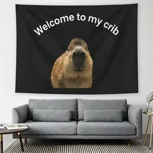 Capybara "Welcome to My Crib" Meme Wall Flag, Funny Animal Print, Mid-century Modern Black Flash Manga Style, Y2K Aesthetic, For Adult Fans, Humor Decor, Bedroom Living Room Tapestry