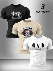 Men's Classic Versatile Fitness Dumbbell Graphic Print T-Shirt 3-Piece Set, Summer Round Neck Short Sleeve Casual Comfort Top Menswear