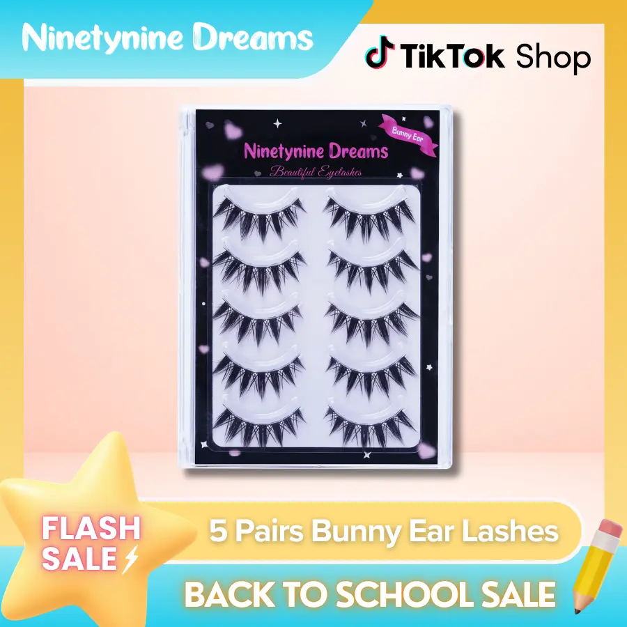 Ninetynine Dreams 5 Pairs Bunny Ear Lashes | Dramatic Spiky False Eyelashes Anime Manhua Douyin Style — Reusable Ultra-Thin Flexible Band Strip Lashes for Bold Glam Makeup Looks