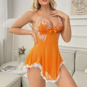 Short Sexy Deep V Women's Nightgown Embroidered Dress Fashions Pajamas Free Thong Night Sleepwear Suspender Baby Doll Lingerie