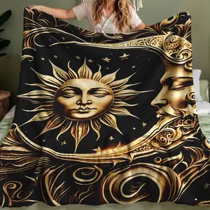 Soft Flannel Blanket with Moon & Sun Design, Cozy Throw for Bedding, Sofa, Camping, All-Season Use, Perfect Gift for Family and Friends