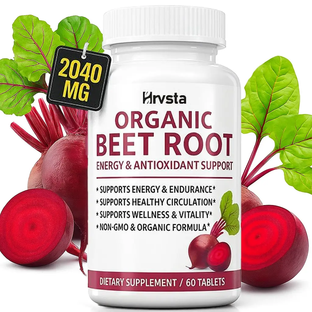 Organic Beet Root Powder Tablets - 2040mg Natural Nitric Oxide Beets, Black Pepper for Better Absorption, Non-GMO Fitness Supplement with Vitamin A, Iron for Energy, Blood Flow & Heart Health, 60 Adult Tablets