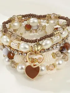 Women's Boho Style Rhinestone & Faux Pearl Decor Heart Charm Bracelets, Pearl Beaded Bracelet, 5pcs/set Trendy Vintage Matching Bracelets, Chic All-match Jewelry As Gift for Girlfriend