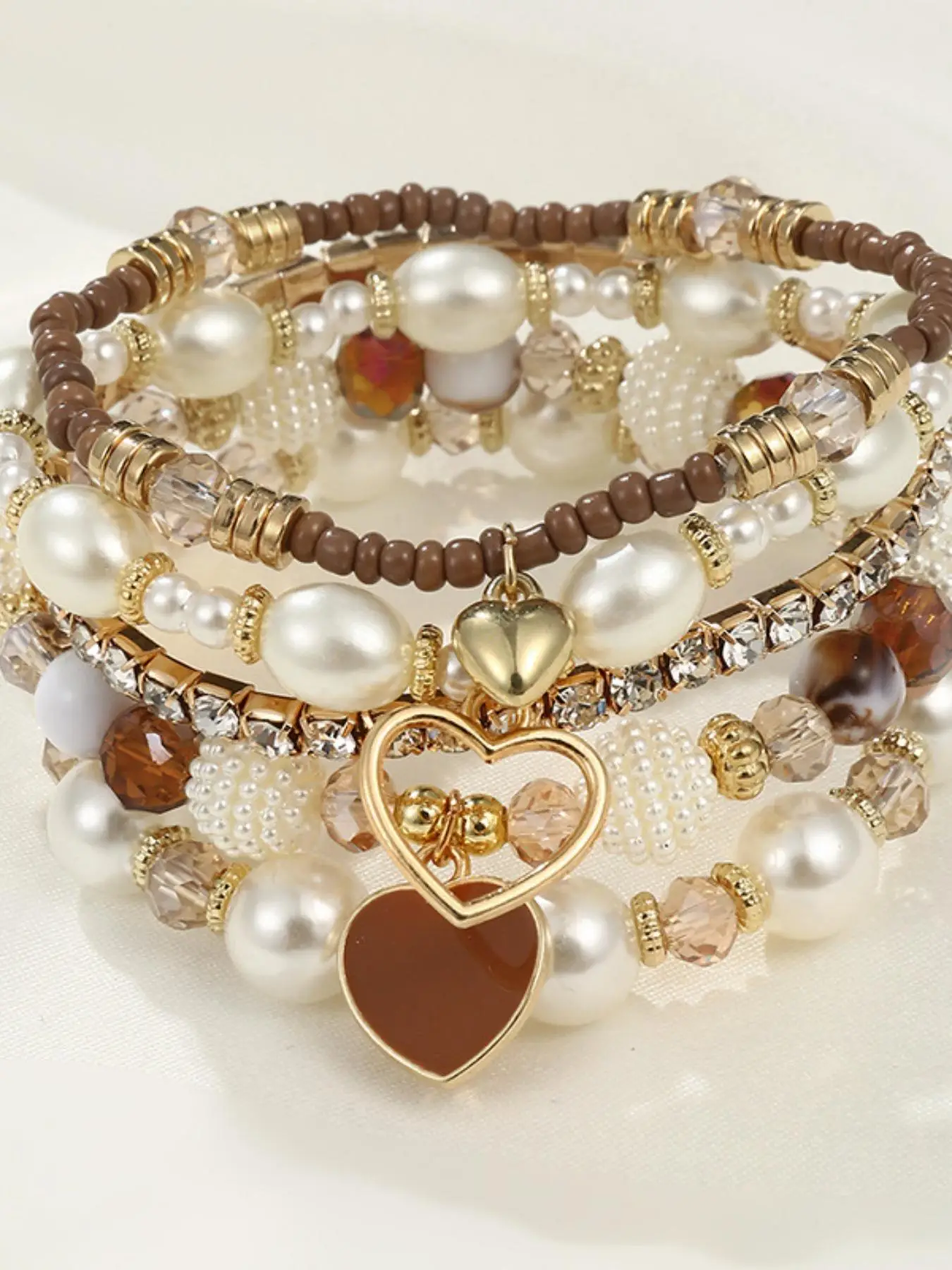 Women's Boho Style Rhinestone & Faux Pearl Decor Heart Charm Bracelets, 5pcs/set Trendy Vintage Matching Bracelets, Chic All-match Jewelry As Gift for