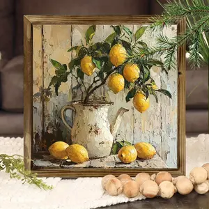 1pc Vintage Lemon Art Print with Ornate Golden Frame - 8x8 Inch Rustic Wooden Framed Wall Decor, Boho Farmhouse Kitchen, Living Room & Office Decoration, Lemon Tree Branches with Lemons & Leaves in Muted Yellow & Green Tones