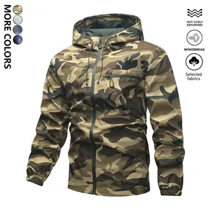 Men's Camouflage Printed Hooded Jacket Regular Zip Long Sleeve Pocket Drawstring Windbreak Spring Autumn Outdoor Top