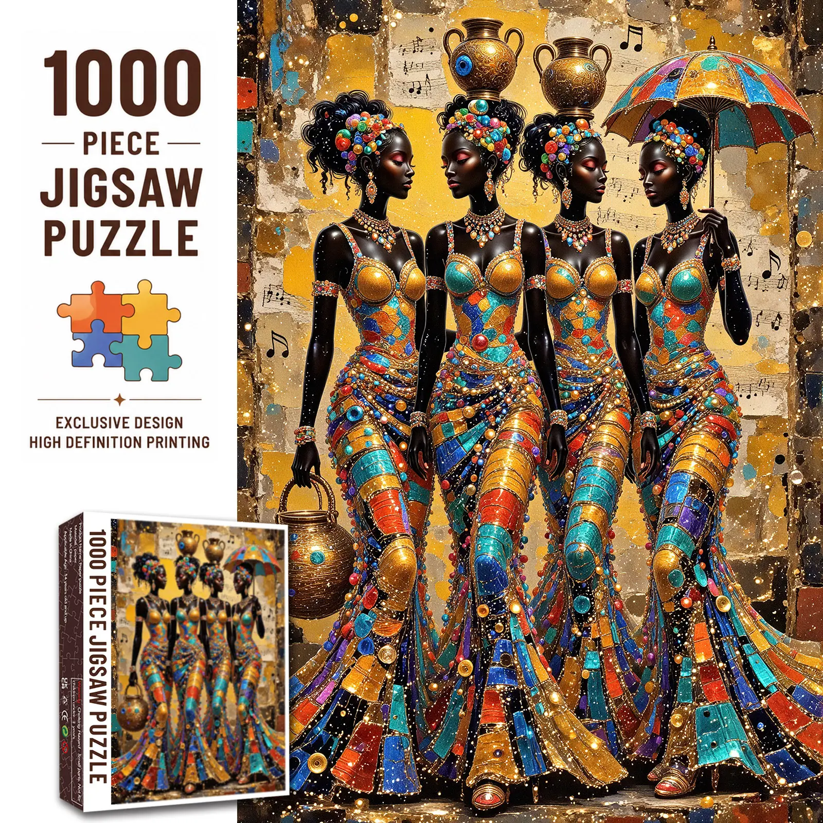 Walarky 1000-Piece African Women's Mosaic Art Jigsaw Puzzle, Colorful Cultural Fashion Portrait, Relaxing Brain Challenge for Adults, Family Game, Elegant Wall Decor, Gift, 27.5x20in (70x50cm), Unisex