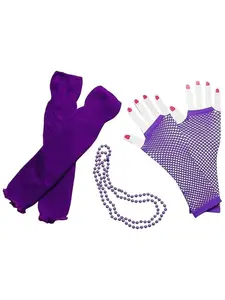80s Costume Accessories Set in Purple - Leg Warmers, Fishnet Gloves, Beads