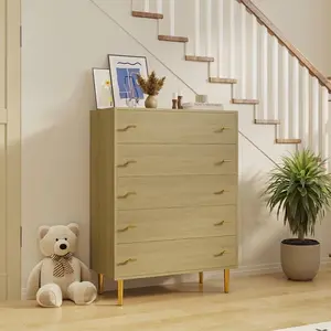 5-Drawer Wooden Dresser Furniture – Rustic Natural Finish, Space-Saving, MDF Construction with Smooth Glide Drawers, Designer Choice for Bedroom & Living Room