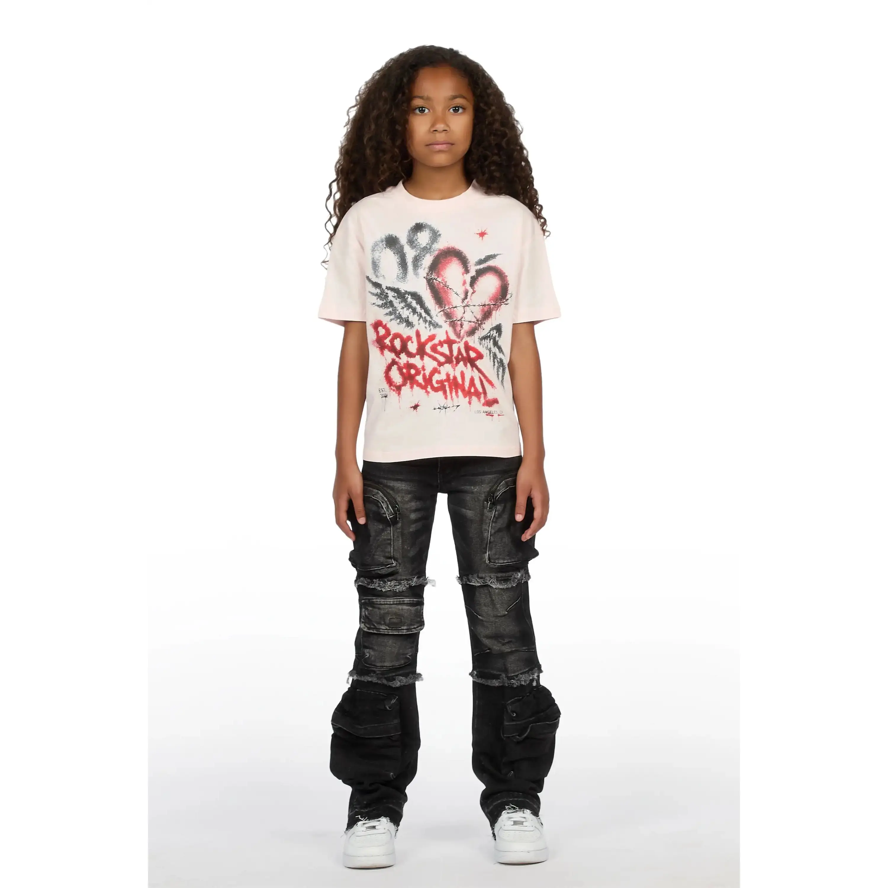 Girls Effigia Light Pink/Dark Grey T-Shirt Stacked Jean Set