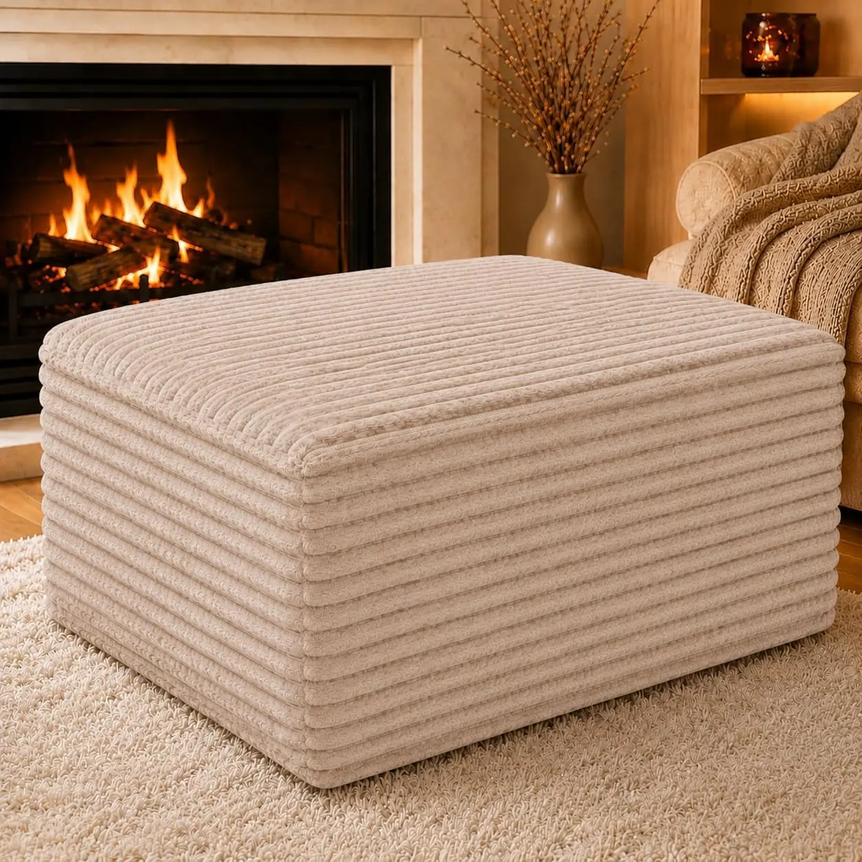 37.5" Plush Corduroy Ottoman, Large Ottoman Foot Rest, Upholstered Cloud Ottoman for Boneless Couch in a Box, Modular Sectional Couches for Living Room Bedroom, Compressed Memory Foam, No Assembly Require