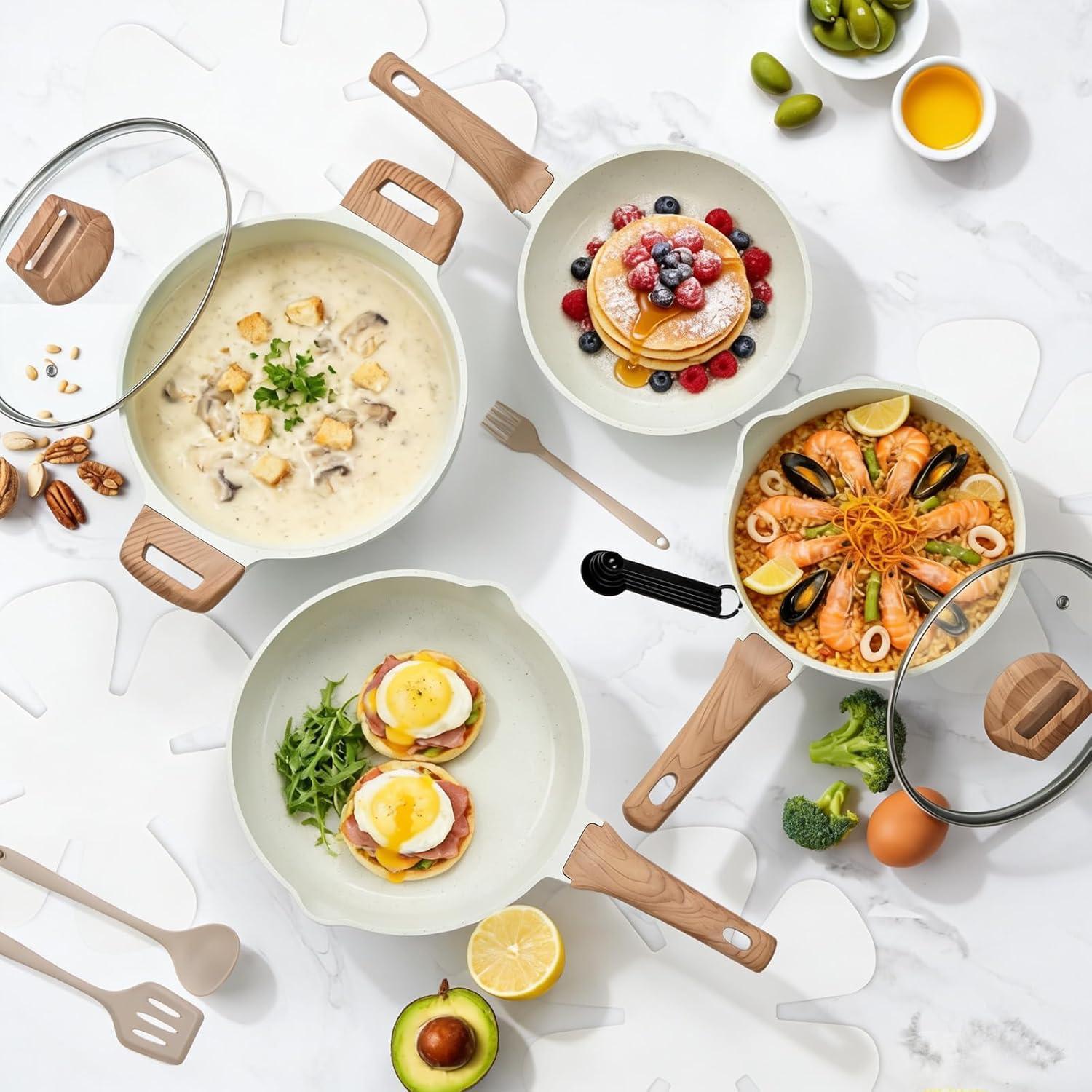 PFOA-Free Nonstick Cookware Set 25-Piece, Die-Cast Aluminum Kitchen Pots and Pans Set with Ceramic Coating, Induction Compatible Cookware Set Includes Frying Pans Saucepans Stockpots Steamer & Utensils
