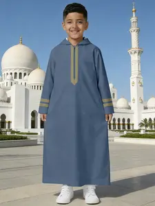 Gold Embroidered Boys Robe, Blue Court Style with Trimming, Hooded Long Hoodie Dress for Boys Fashion, Muslim