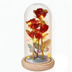Galaxy Preserved Rose in Glass Dome with Butterfly & LED Light, Romantic Eternal Flower Decor for Mother’s Day, Birthday & Home Gifting Decoration Decoration