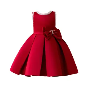 Luxury Elegant Red Satin Baby Girl Dress, Sleeveless Beaded Bow Formal Gown, High Quality Fancy Prom Pageant Wedding Party Kids Dress, New Design Beautiful Floral Cinderella Set clothes family gathering