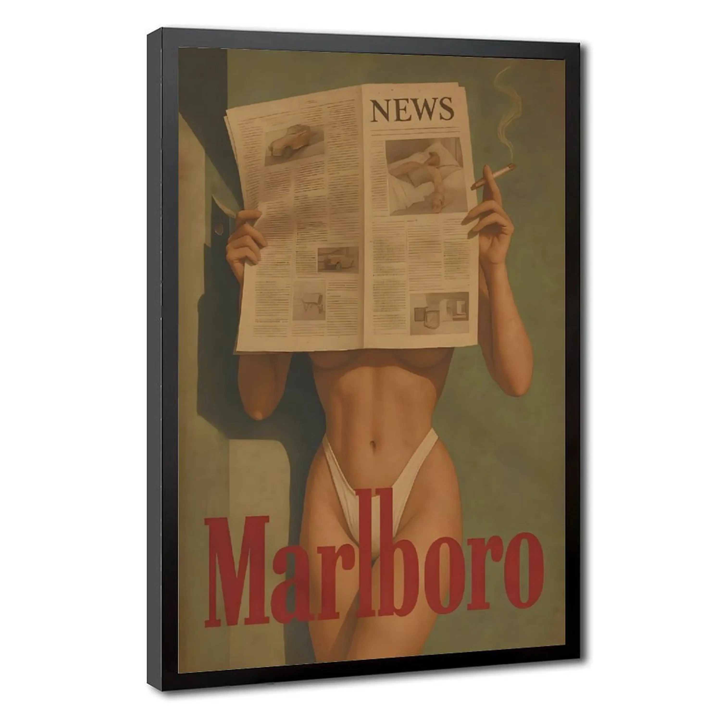 A vintage Marlboro lady newspaper Poster, a wall art decoration featuring the vintage cigarette brand, with a strong visual impact. It is perfect as a gift for family and friends. Unframed Art Print Tombstone Wall Art, Artistic, Room Photo