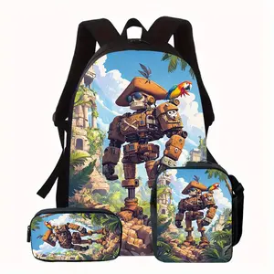 Mechanical warrior backpack three-piece set, includes lunch box and pencil case, wear-resistant student schoolbag, outdoor hiking adventure bag