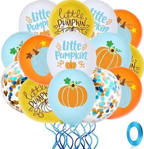 45pc Blue Pumpkin Balloons, Pumpkin Baby Shower Decor Fall Maple Leaf Balloons Pumpkin Balloons with Blue White Orange Confetti Balloons for Boy Birthday Thanksgiving Party Decor